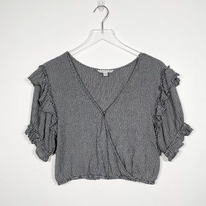 American Eagle Black White Gingham Knit Ruffle Cropped Blouse L
